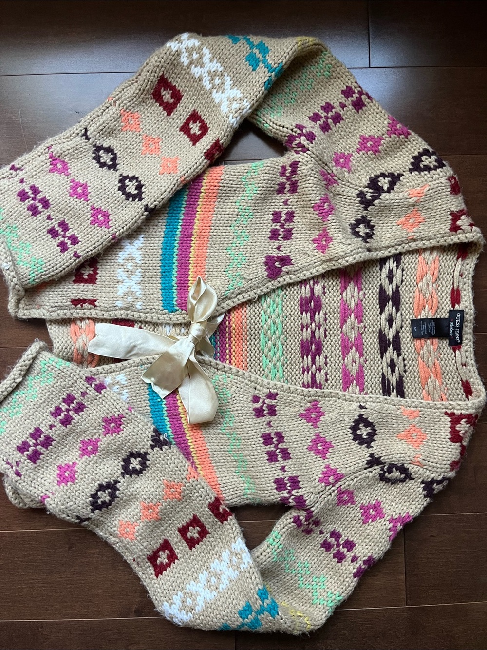 Guess Beige Knit Cardigan with Pink, Purple, Coral & Teal Accents